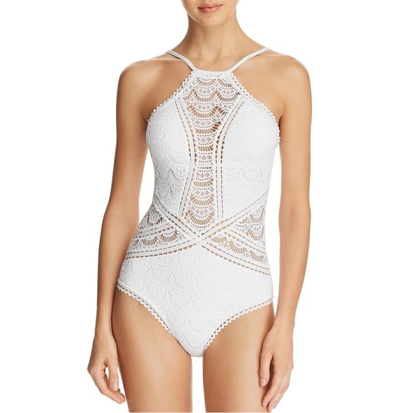 🤍 BECCA Prarie Rose WHITE High Neck Halter CROCHET LACE One Piece SWIMSUIT | S - Picture 4 of 15